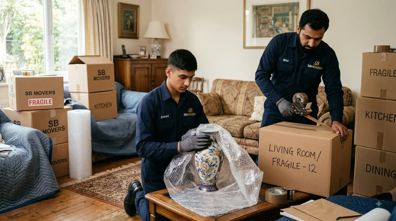 SBMovers team packing and moving household goods with cartons and wrapping materials