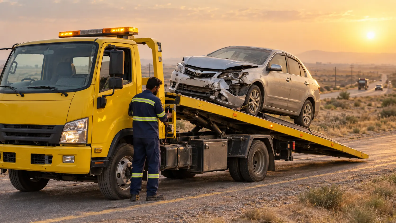 Recovery truck towing a vehicle on a Pakistan highway